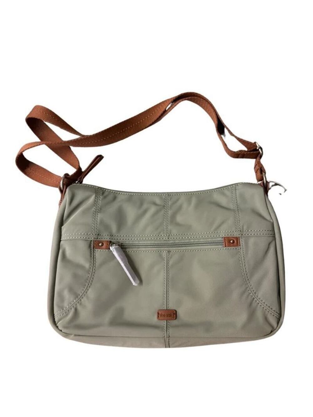 The Sak Womens Nylon Crossbody Shoulder Bag Sage Green Brown Strap New